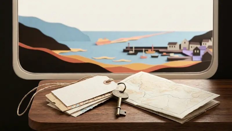 Luggage tags and a brass key on a table near a window overlooking a blurred horizon.