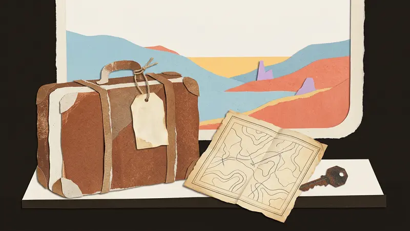 A vintage suitcase, a blank luggage tag, and a rusted key on a train windowsill.