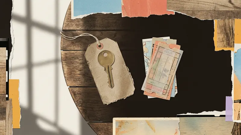 A brass key and an empty luggage tag lie on a table next to a stack of paper tickets.