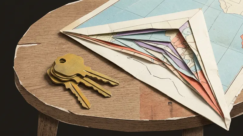 Five brass room keys stacked on a wooden table beside a folded paper map.