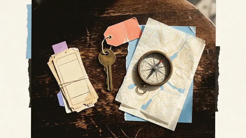 A brass key, ticket stubs, and a map resting on a wooden table surface.