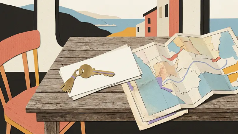 A brass key and blank paper tickets rest on a folded map atop a wooden café table.