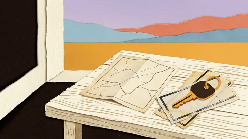 A brass key, folded paper map, and boarding passes on a wooden café table by a window overlooking a distant horizon.