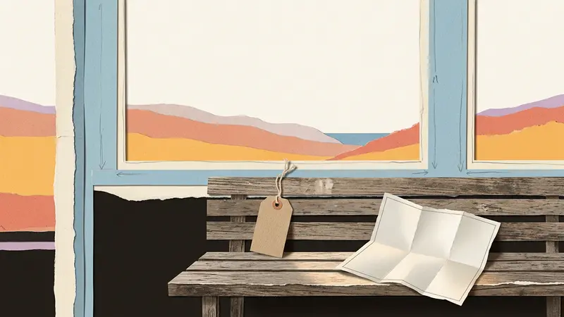 Papercraft scene of a bench, a window, a blank luggage tag, and a folded map.