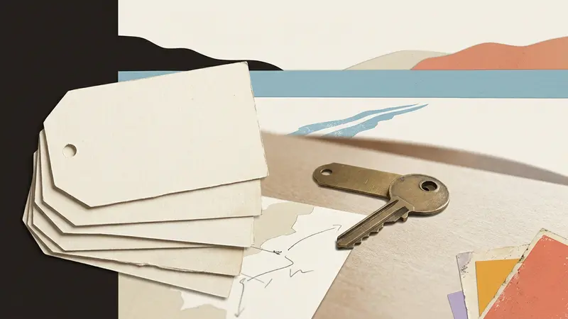 Stacked paper luggage tags and a brass room key resting on a wooden table with a blurred horizon in the background.