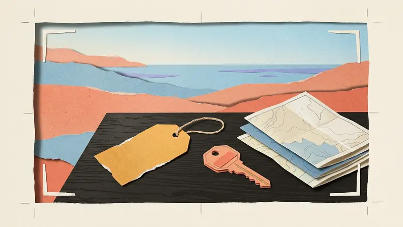 An overhead view of a luggage tag, brass key, and folded maps on a wooden café table.