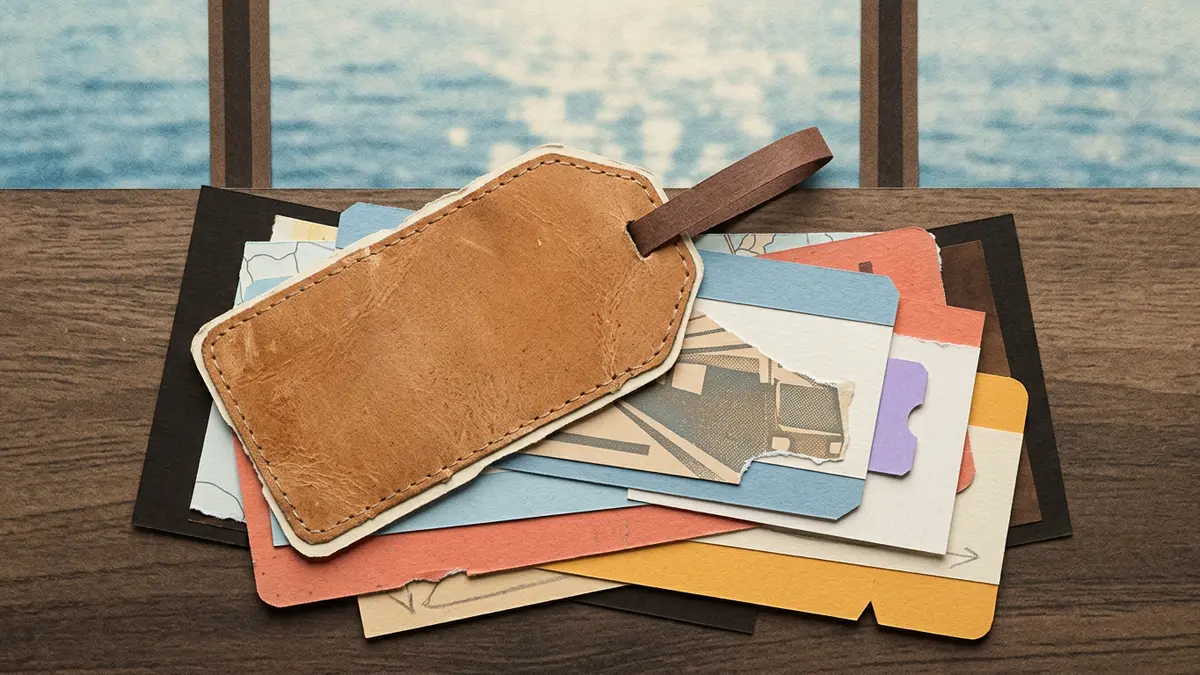 Luggage tag and train tickets layered on a wooden table near a window overlooking water.