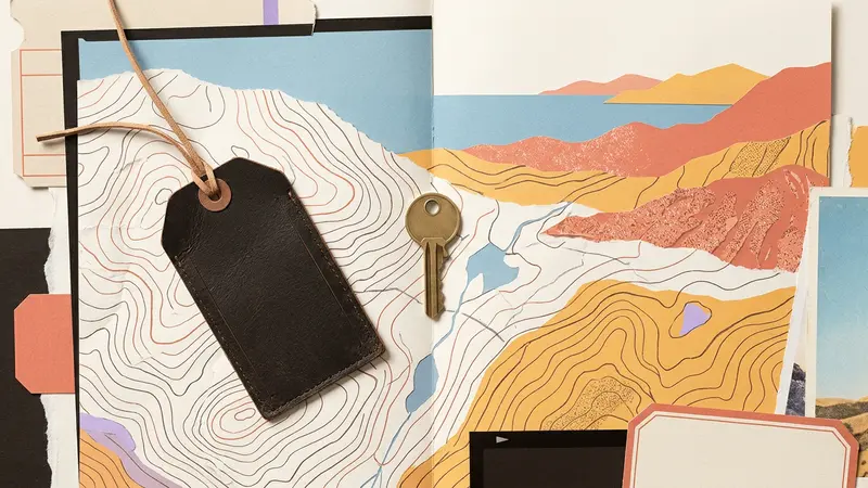 A brass room key and leather luggage tag lying on top of a folded, unlabeled paper map.