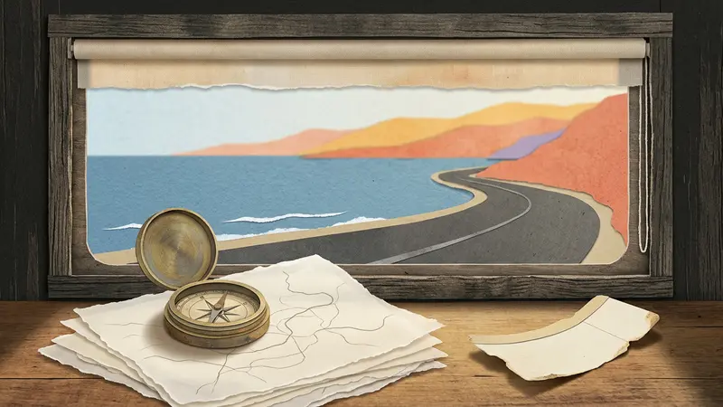 A compass and folded blank maps on a wooden table seen through a train window.