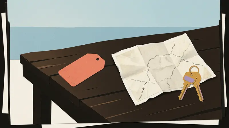 A blank luggage tag, a folded map, and brass keys arranged on a wooden table.