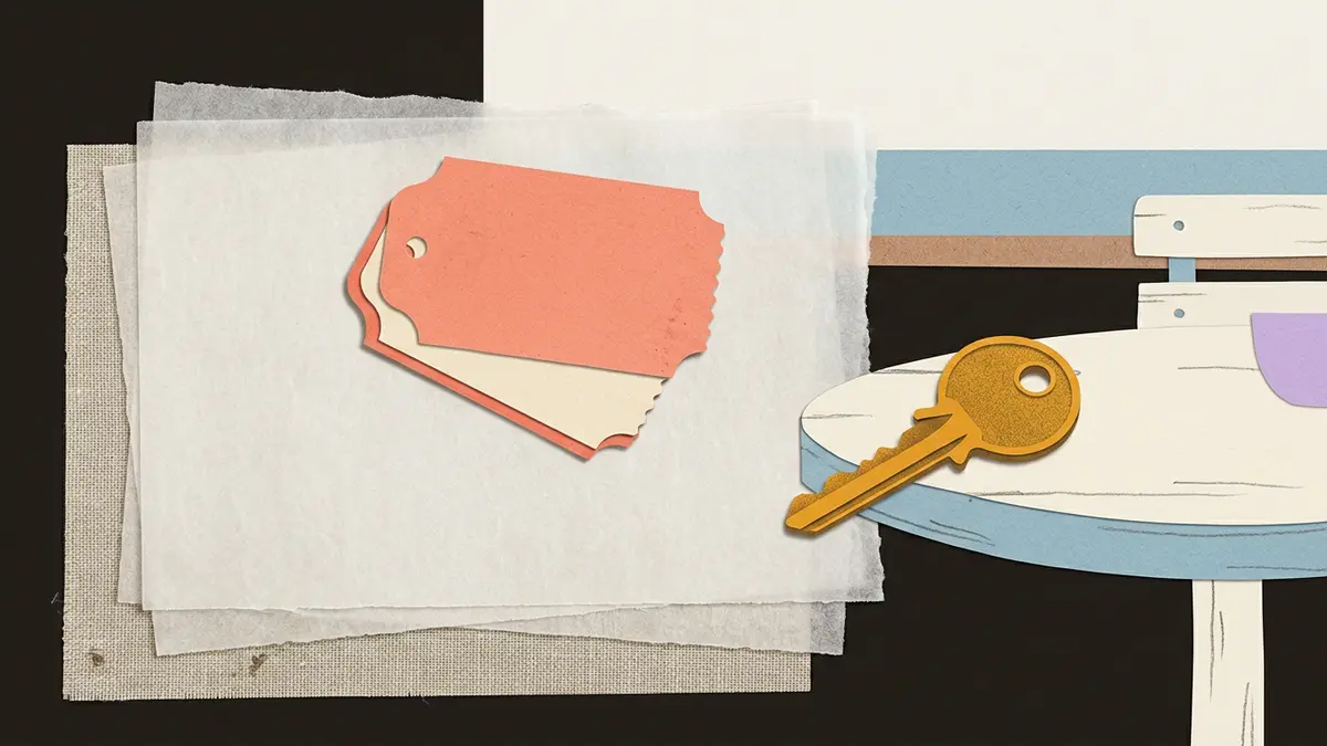 A composition of blank luggage tags and a brass key layered on vellum and wood.