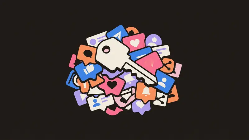 A physical house key lying on top of a heap of abstract social media symbols.