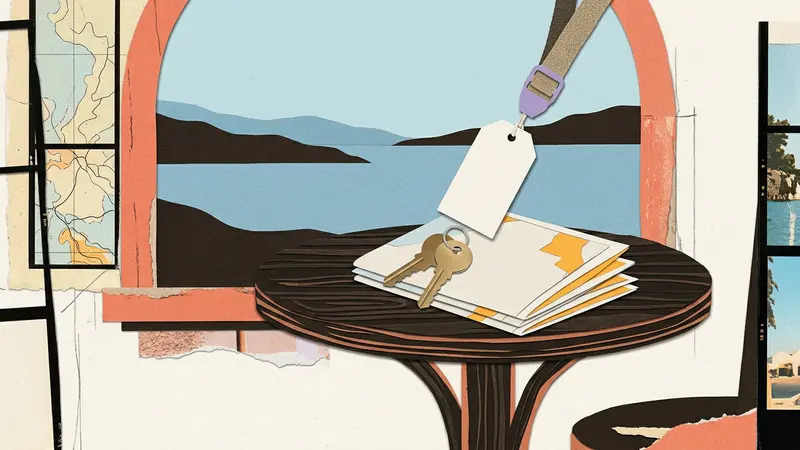 Papercraft of a café table with brass keys, folded maps, and a luggage tag set against a window view.