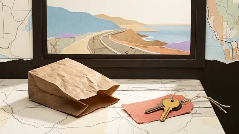Paper food bag and brass keys on a wooden table with a blurred horizon line in the background.