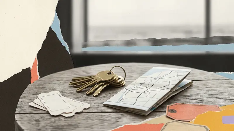 Brass room keys, a folded paper map, and ticket stubs on a wooden table by a window.