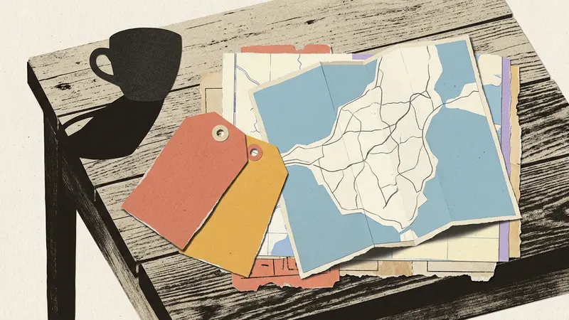 Top-down view of blank paper luggage tags and a folded map on a wooden table surface.