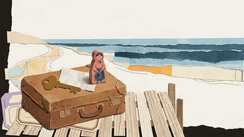 Papercraft scene of a leather suitcase, an old key, and a transit ticket resting on a wooden dock by the water.